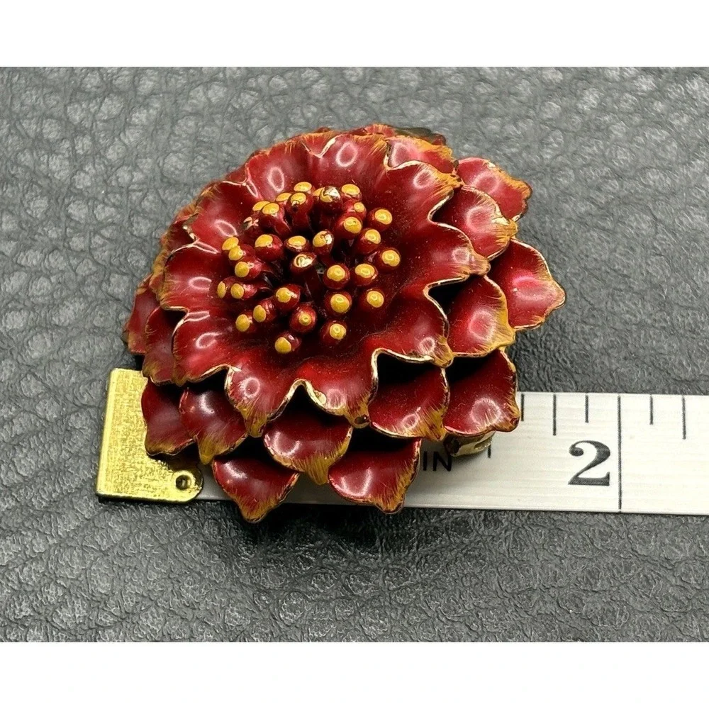 Vintage Red and Yellow Enamel Zinnia Flower Brooch Pin Gold Tone Mod Pop Art